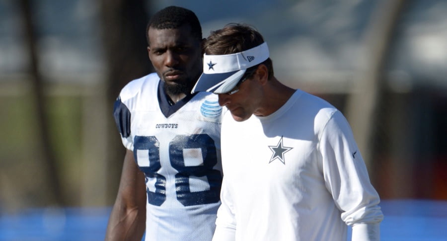 Aug 12, 2014; Oxnard, CA, USA; Dallas Cowboys receiver Dez Bryant (88) and receivers coach Derek Dooley at scrimmage against the Oakland Raiders at River Ridge Fields. Mandatory Credit: Kirby Lee-USA TODAY Sports